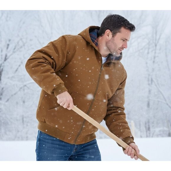 Woolrich S Mens Canvas Hooded Jacket Plaid Kangaroo Pocket Zipper Hoodie Coat